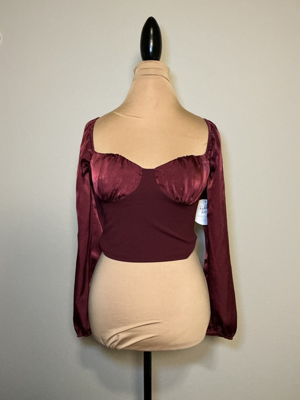 Rabbit Rose Burgundy Satin Bustier Long Sleeve Crop Top - Picture 2 of 12